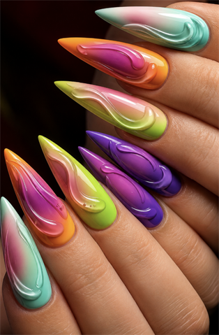 Rainbow aura stiletto nails with 3D sculpted gel swirls, glossy ombré gradients and colorful abstract luxury nail art