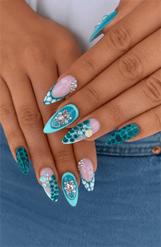 Turquoise mermaid stiletto nails with crocodile texture, rhinestone embellishments, 3D flowers and ocean-inspired luxury nail art
