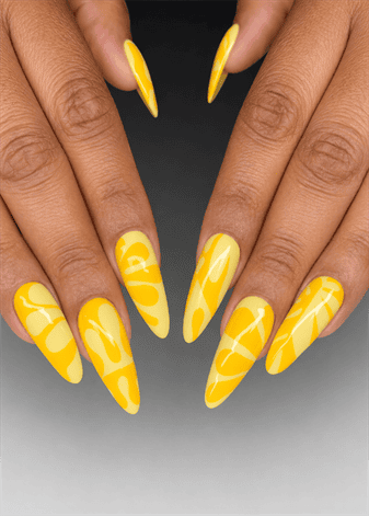 Bright yellow abstract swirl stiletto nails with glossy finish, modern retro nail design featuring tonal wave patterns on long pointed nails