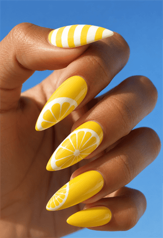Bright yellow lemon almond nails with citrus slice nail art, white striped accents and glossy summer fruit manicure