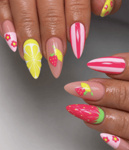 Colorful fruit almond nails with strawberry, lemon and pink striped nail art, glossy summer manicure featuring playful floral accents