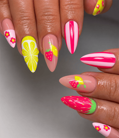 Colorful fruit almond nails with strawberry, lemon and pink striped nail art, glossy summer manicure featuring playful floral accents