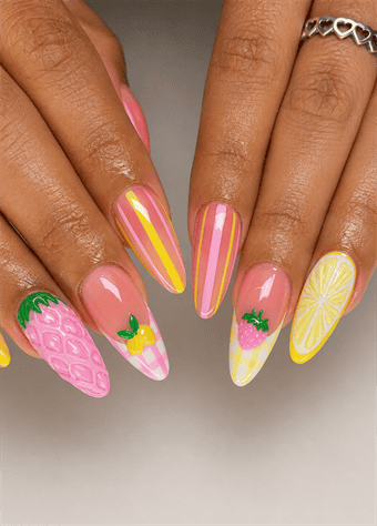 Pink fruit almond nails with strawberry, lemon, pineapple and pastel striped nail art, glossy summer manicure featuring playful tropical designs