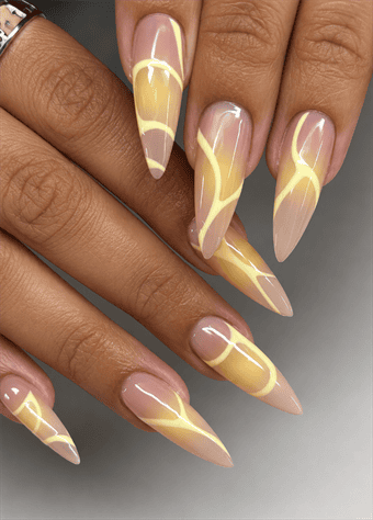 Pastel yellow swirl almond nails with abstract aura lines, glossy nude base and minimalist summer nail design