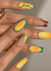 Yellow and teal abstract square nails with 3D water droplet nail art, glossy citrus-inspired manicure and sculpted swirl accent nails