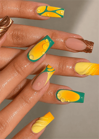 Yellow and teal abstract square nails with 3D water droplet nail art, glossy citrus-inspired manicure and sculpted swirl accent nails