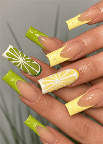 Lemon and lime citrus French tip coffin nails with 3D water droplets, glossy nude base and vibrant fruit-inspired summer nail art