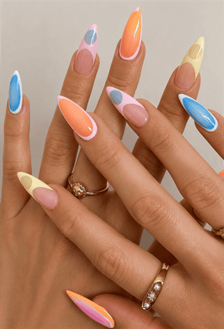 Pastel abstract French tip almond nails with peach, blue, lavender and butter yellow color block nail art on a glossy nude base