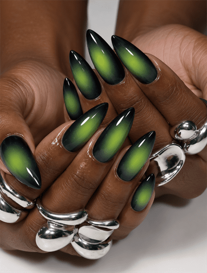 Black and neon green aura cat eye stiletto nails with magnetic velvet effect, glossy finish and bold futuristic manicure