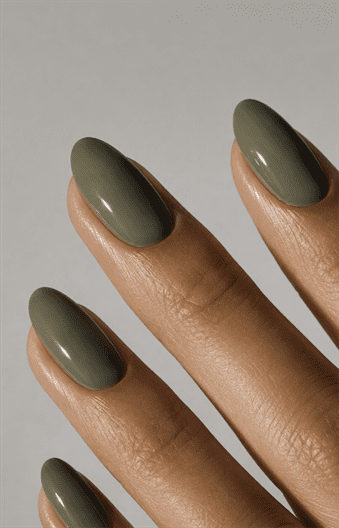 Glossy sage green almond nails with solid earthy polish, minimalist monochrome manicure and elegant neutral nail design
