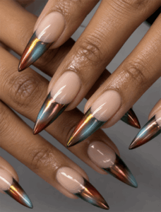 Iridescent chrome French tip stiletto nails with multichrome metallic finish, glossy nude base and futuristic luxury nail design