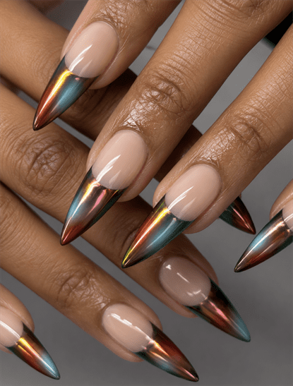 Iridescent chrome French tip stiletto nails with multichrome metallic finish, glossy nude base and futuristic luxury nail design