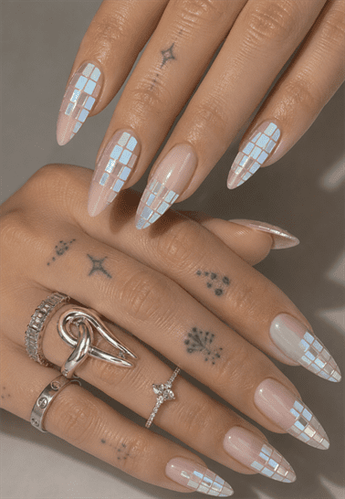 Iridescent mosaic French tip almond nails with holographic checkerboard nail art, glossy nude base and modern chrome manicure