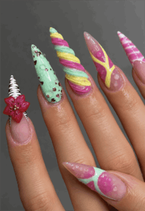 Maximalist pastel stiletto nails with 3D candy swirl nail art, floral embellishments, water droplets and colorful abstract designs