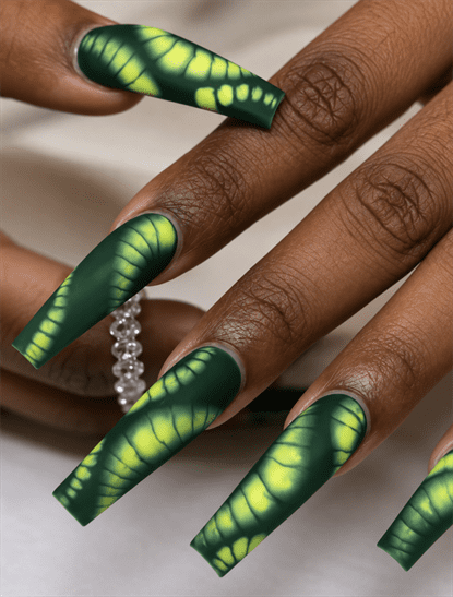 Neon green reptile print coffin nails with matte black gradient, snake scale nail art and bold exotic manicure