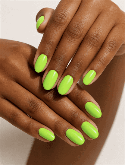 Neon lime green oval nails with glossy solid polish, short natural length and bright minimalist summer manicure