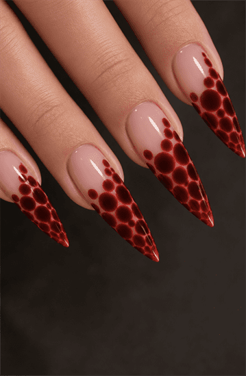 Red bubble French tip stiletto nails with glossy 3D droplet effect, nude base and bold abstract nail design