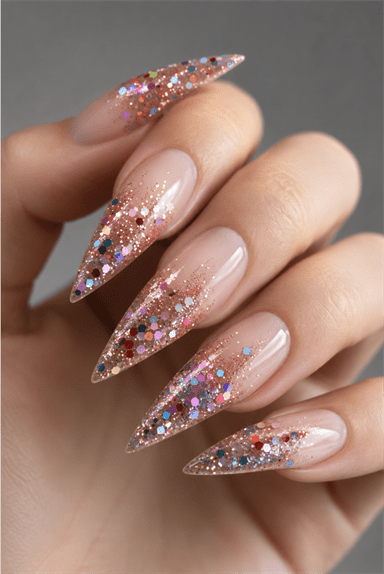 Rose gold glitter ombré stiletto nails with chunky holographic glitter, glossy nude base and sparkling luxury manicure