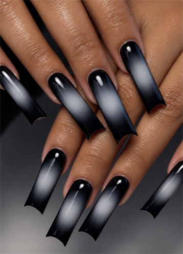 Long black coffin nails with smoky white and grey ombre centers and a glossy finish
