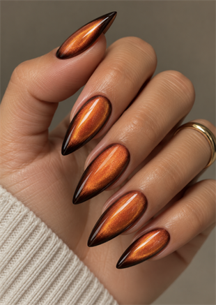 Long stiletto nails with burnt orange cat eye shimmer, copper tones, dark edges, and glossy finish