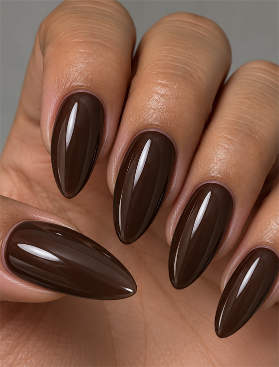 Long almond nails with rich chocolate brown polish and a smooth, high-shine glossy finish
