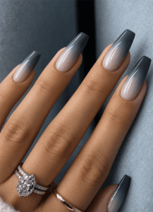 Gray ombré coffin nails fading from nude to charcoal tips with a glossy finish