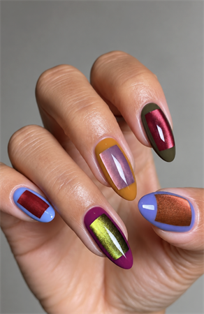 Multicolor almond nails with metallic cat eye centers, colorful French tips, and a glossy finish