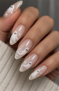 Medium almond Halloween nails with white ghost art, sheer nude polish, shimmer, and pearl embellishments.