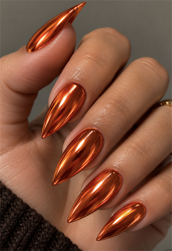 Long stiletto nails with reflective burnt orange chrome polish and a glossy liquid-metal finish.
