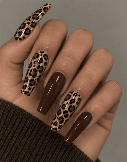 Brown leopard print coffin nails with glossy chocolate brown accent nails and classic animal print