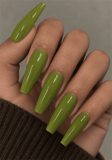 Matcha green coffin nails with a solid olive green color and high-shine glossy finish