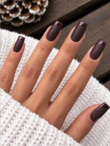 Long square chocolate brown nails with a matte finish and matching glossy French tips
