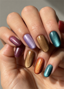 Medium almond nails with metallic burgundy, lavender, gold, orange and teal cat eye polish in a glossy finish