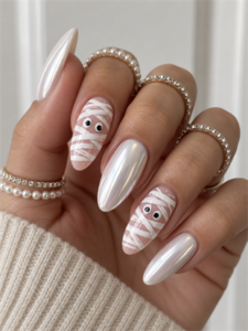 Medium almond Halloween nails with mummy bandage art, googly eyes, and pearly white chrome accents.