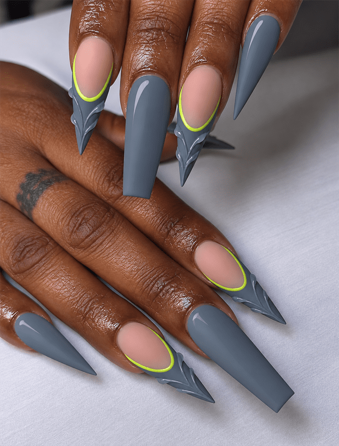 Gray stiletto and coffin nails with neon green outlines, nude cutouts and sculpted 3D geometric tips