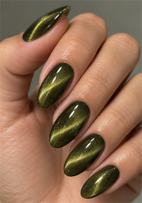 Medium almond nails with deep olive green cat eye polish, golden shimmer, and a glossy finish
