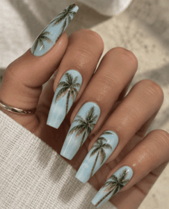 Light blue palm tree coffin nails with tropical beach-inspired nail art and a glossy finish