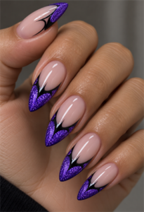 Long stiletto Halloween nails with purple glitter bat wing French tips, black outlines, and nude bases.