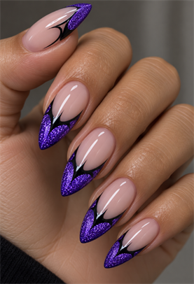 Long stiletto Halloween nails with purple glitter bat wing French tips, black outlines, and nude bases.