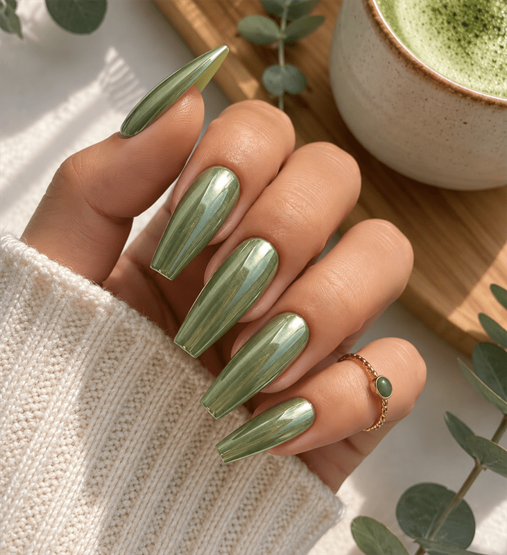 Sage green chrome coffin nails with a glossy metallic finish and reflective cat-eye effect