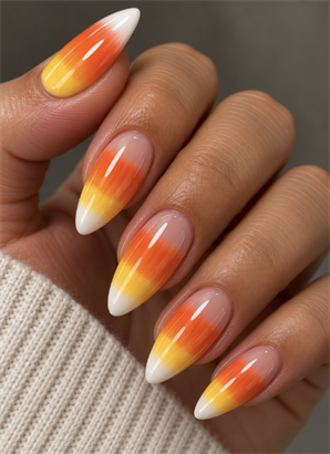 Medium almond nails with glossy white, orange and yellow candy corn ombre tips over a nude base