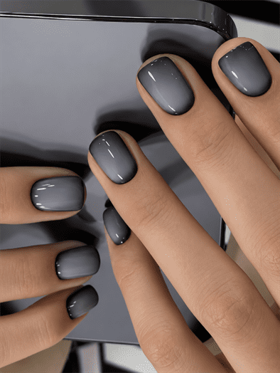 Smoky gray aura short square nails with black edges, soft gradient centers and a glossy finish