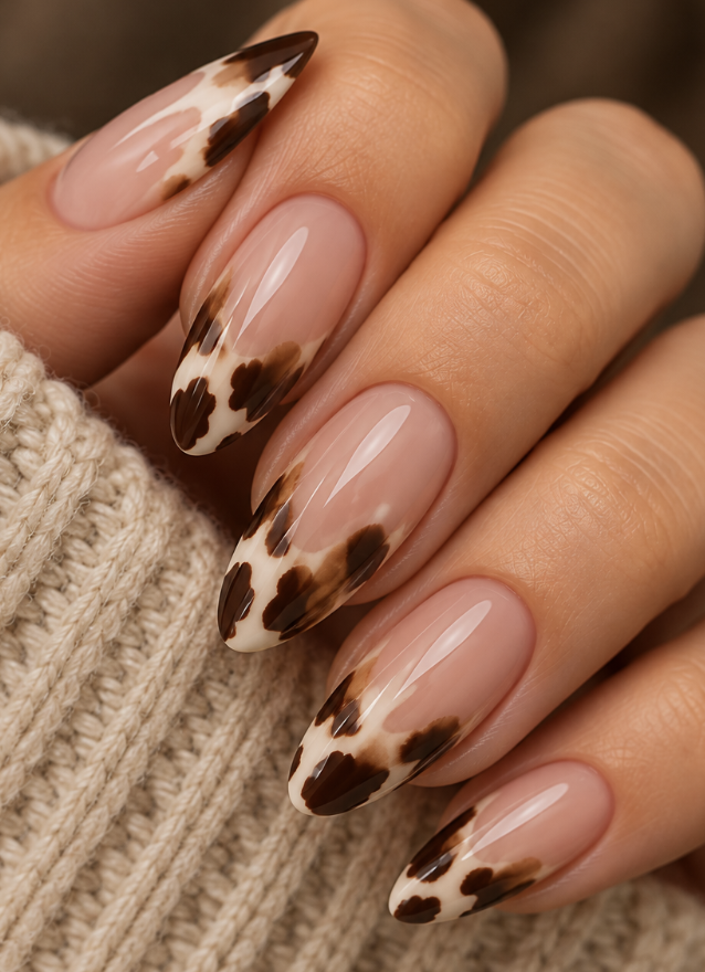 Long square nails with nude pink bases, white French tips and irregular black and brown cow-print spots.