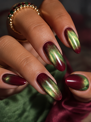 Long almond nails with glossy burgundy polish and luminous emerald green magnetic cat eye shimmer.