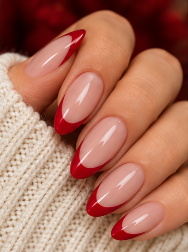 Long almond nails with glossy apple red French tips over a sheer pink base.