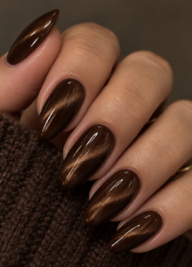 Long almond nails with deep chocolate brown magnetic gel, diagonal bronze cat eye shimmer and glossy finish.