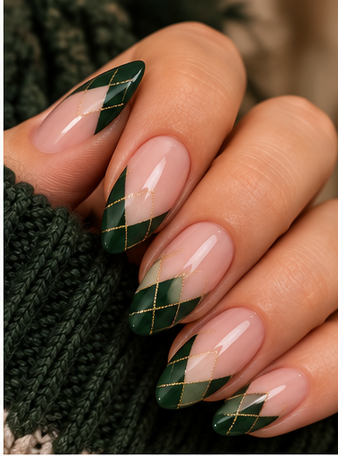 Long almond nails with forest green argyle French tips, sheer pink bases and fine gold lines.