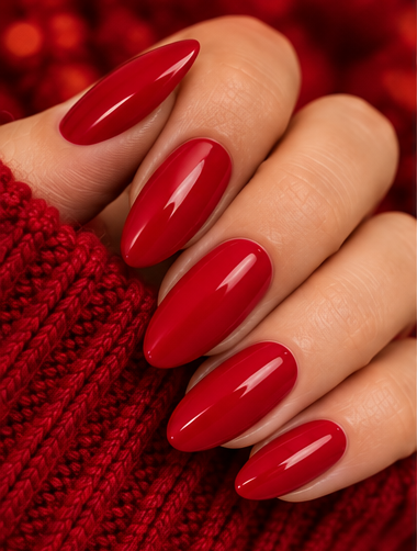 Medium-long almond nails painted vibrant apple red with a smooth, high-gloss finish.
