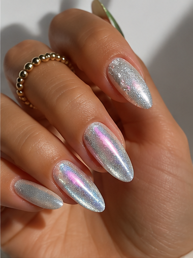 Long almond nails with sparkling silver chrome, fine glitter, subtle pink shimmer and glossy metallic finish.