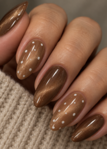 Long almond nails with caramel brown cat eye shimmer, white polka dot accents and glossy finish.